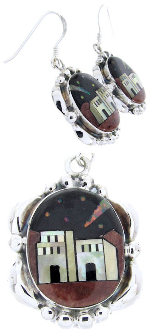 Multicolor Native American Village Design Silver Earrings YS67115